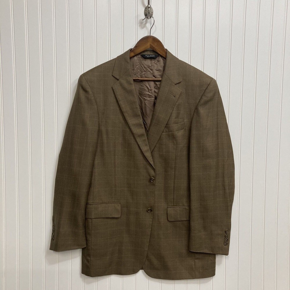 JOS A BANK Blazer Mens 41 Sport Coat Brown Beige Plaid Silk Wool Suit Jacket 41L